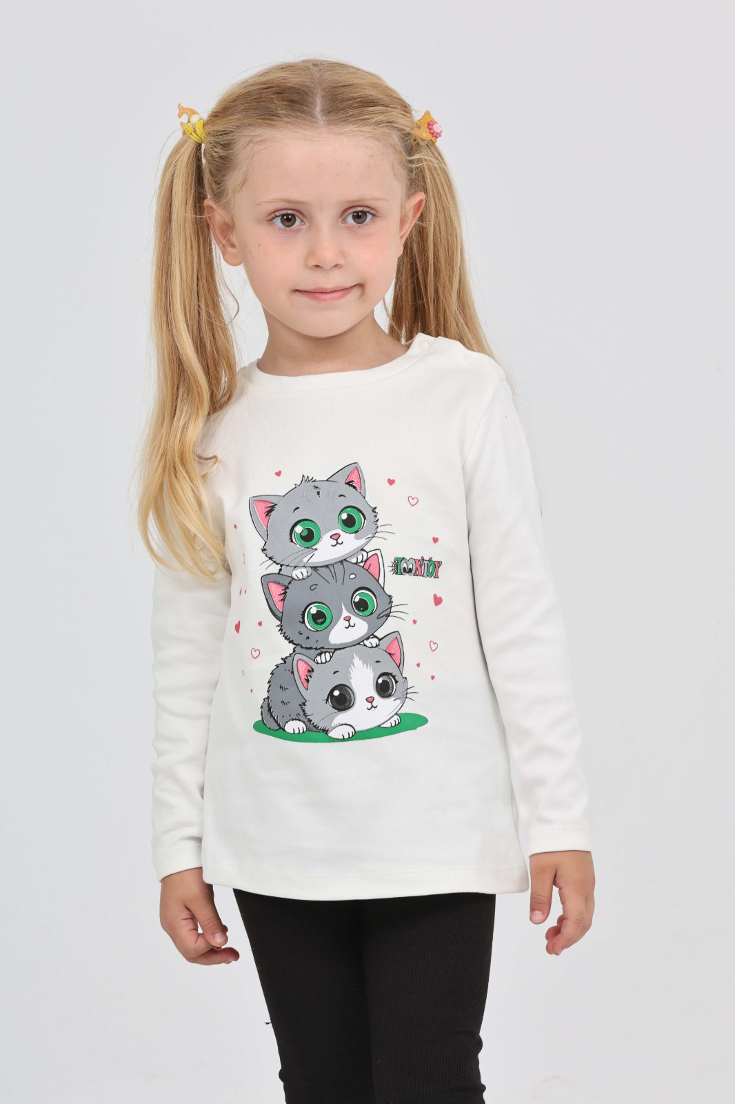 Toontoy Kız Çocuk Üçlü Kedi Baskılı Sweatshirt
