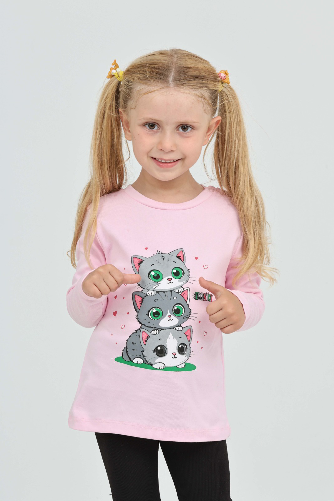 Toontoy Kız Çocuk Üçlü Kedi Baskılı Sweatshirt