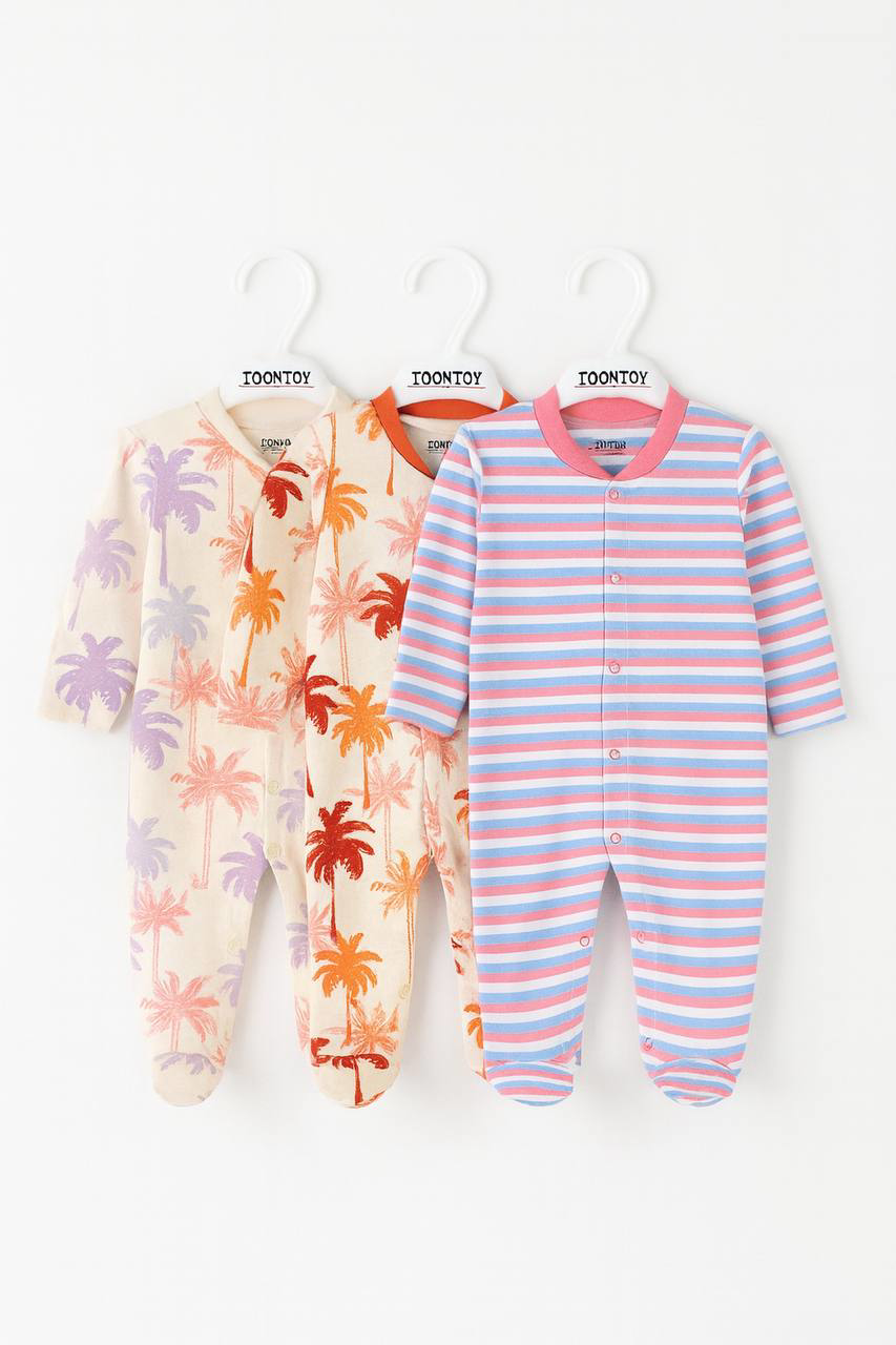 Toontoy  Unisex Çok Desenli 3 Lü Patikli Tulum