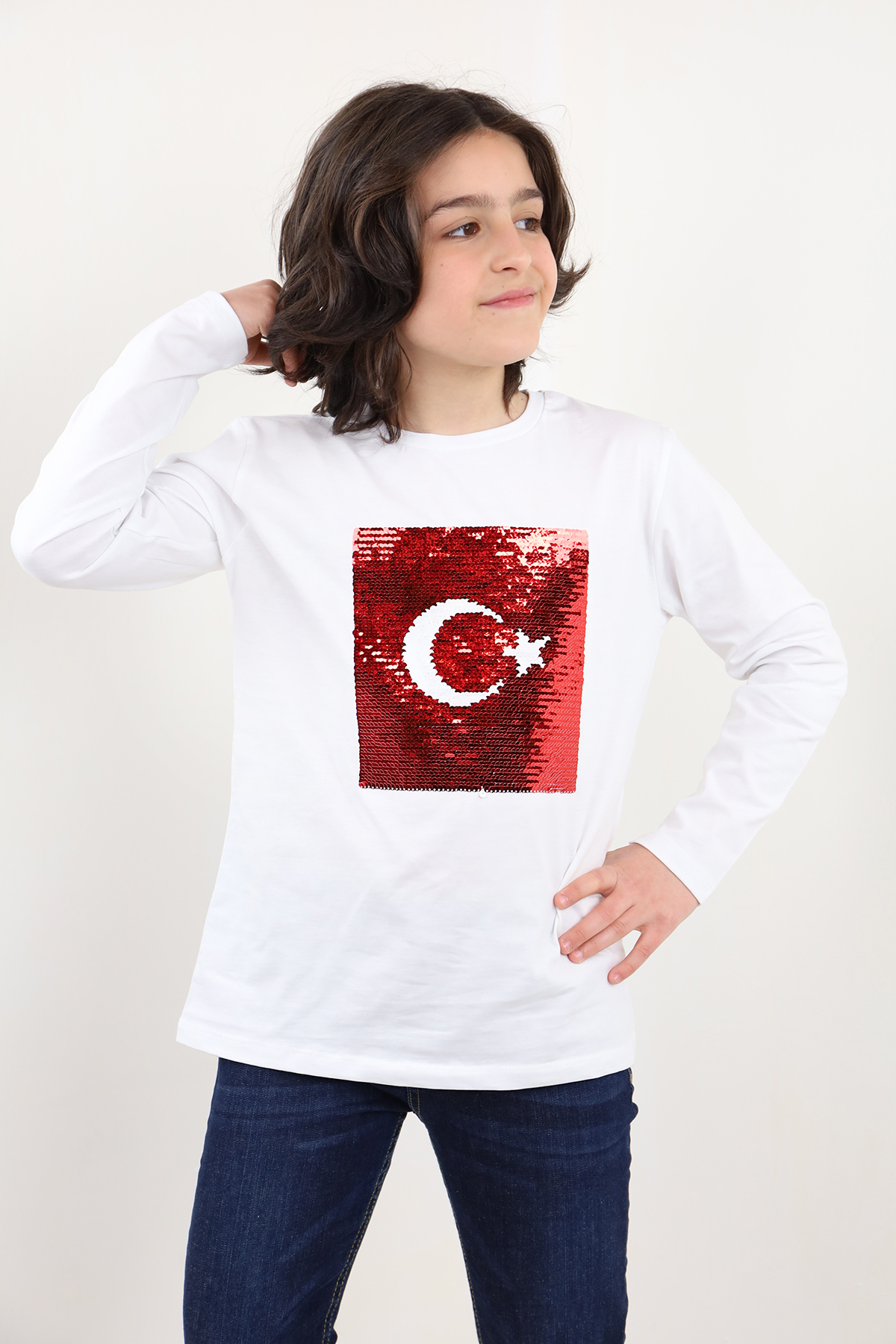 Toontoy Unisex Çocuk Atatürk Bayraklı Çift Taraflı Pullu Tişört