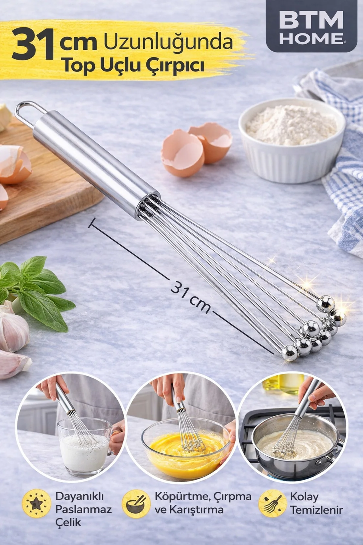Top Uçlu Paslanmaz Çelik Çırpıcı Yumurta Sos Krema Çırpma Karıştı