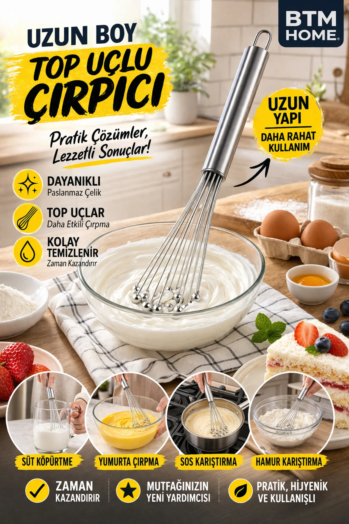 Top Uçlu Paslanmaz Çelik Çırpıcı Yumurta Sos Krema Çırpma Karıştı