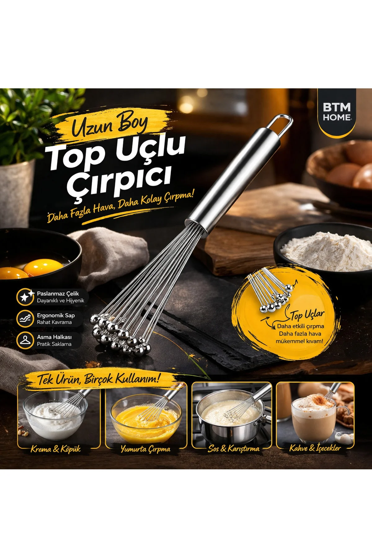 Top Uçlu Paslanmaz Çelik Çırpıcı Yumurta Sos Krema Çırpma Karıştı