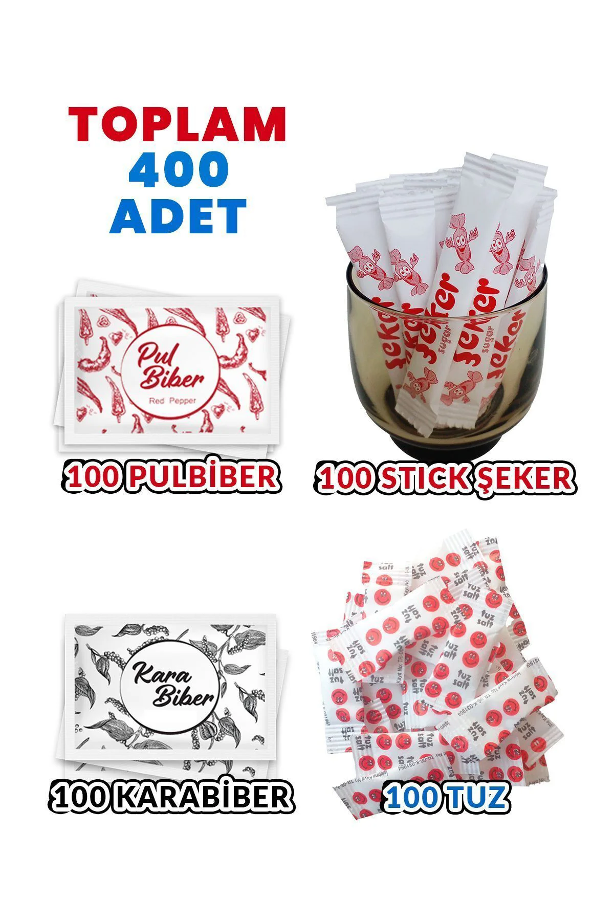 (Toplam 400 Adet) Tek kullanımlık Pulbiber 100 - Karabiber 100 - 