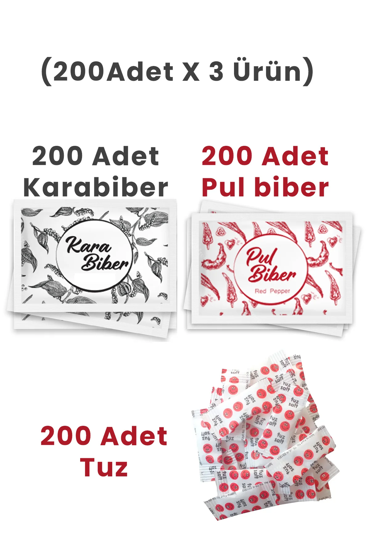 (Toplam 600 Adet) Tek kullanımlık Pulbiber 200 - Karabiber 200 - 
