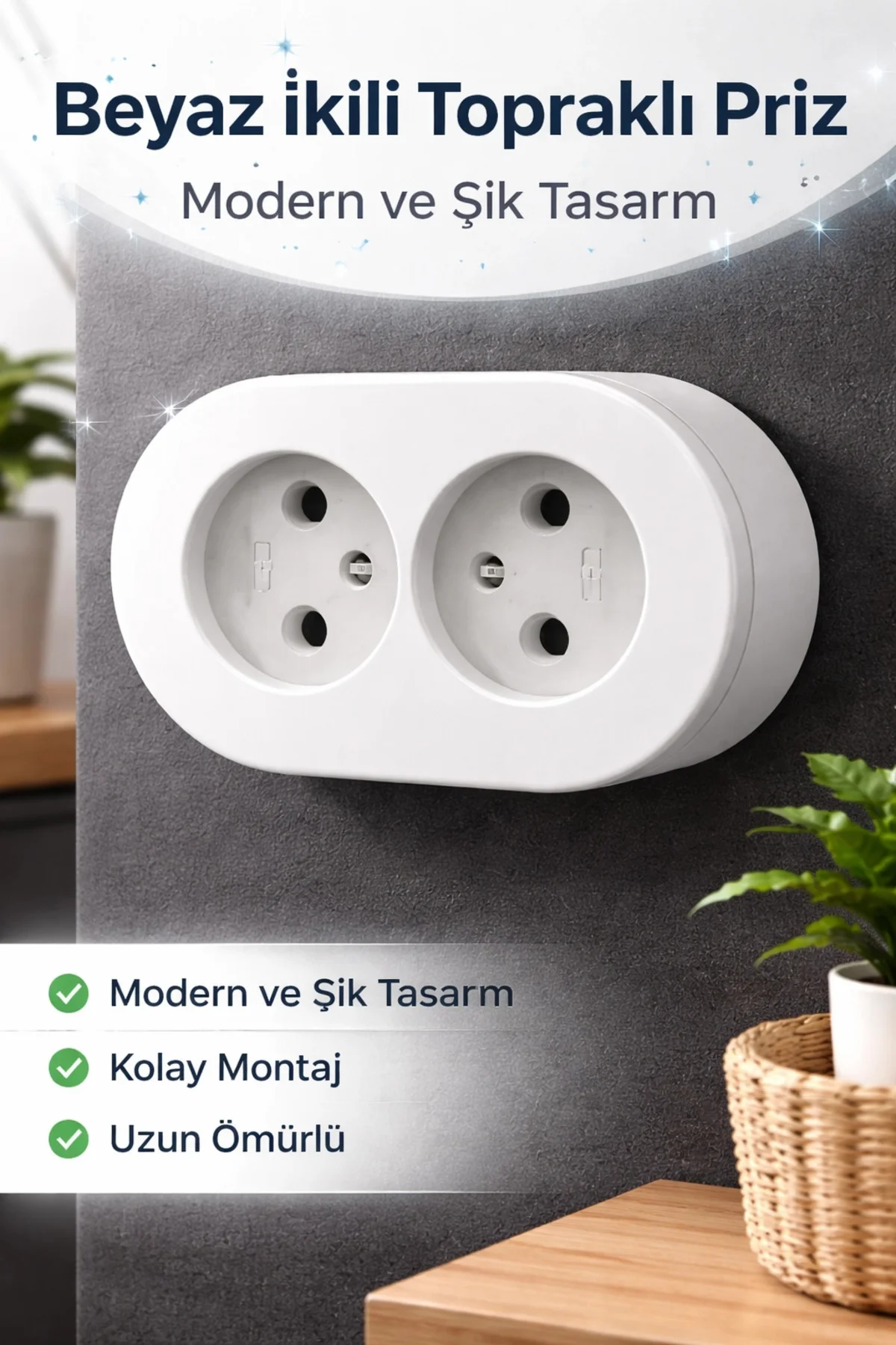 Topraklı Sıva Üstü İkili Set Priz Modern Kırık Beyaz Kolay Kurulu