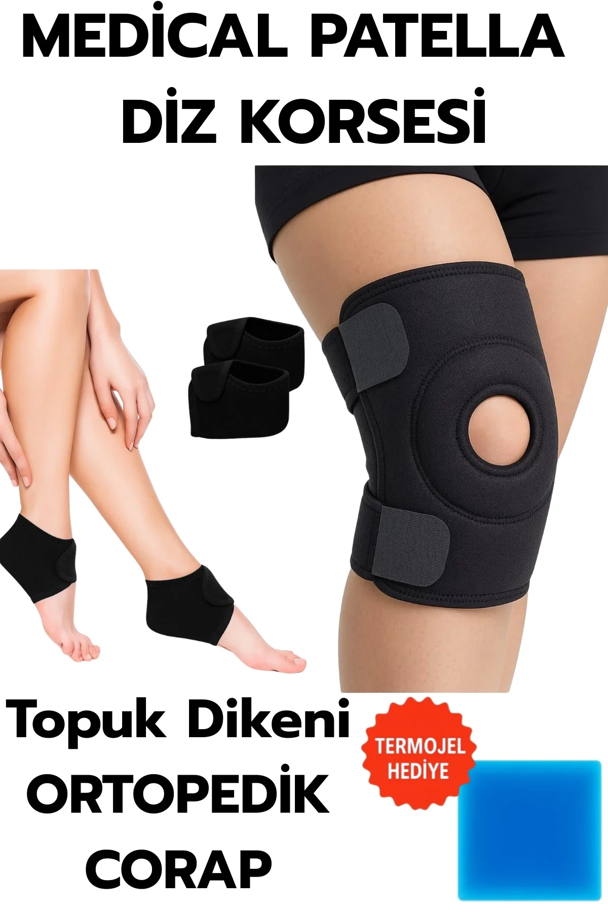 Topuk Çorabı 2'li Sağ Sol+ Medical Patella Destekli Dizlik + Termojel – Ortopedik Destek Seti