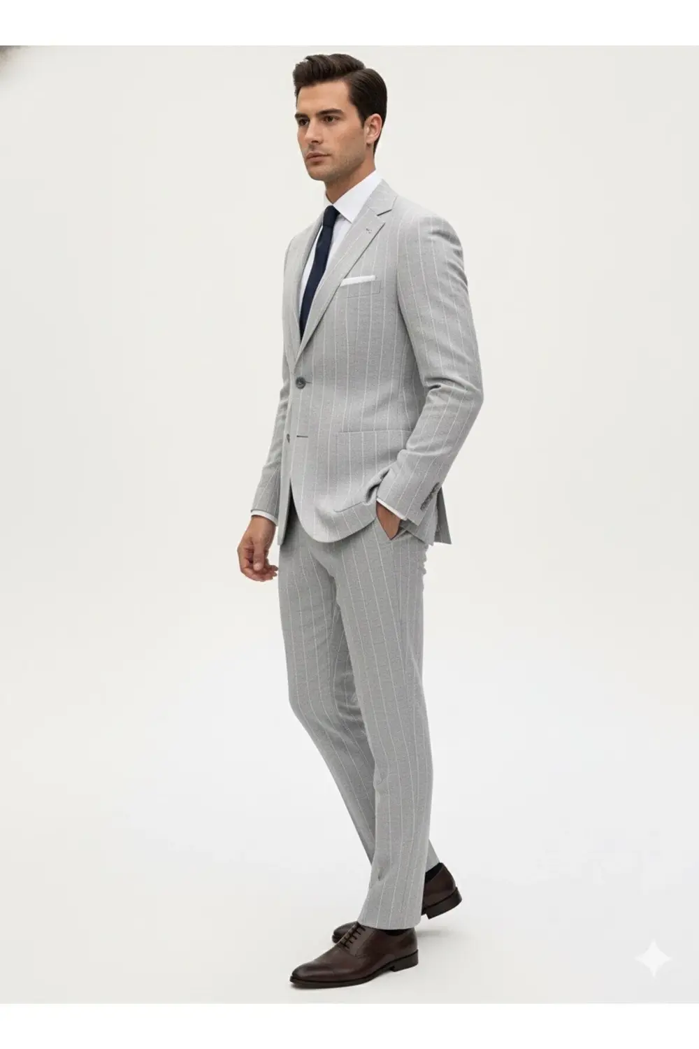 Süvari Torba Cep Çizgili Yün Karışımlı Gri Takım Elbise Süvari Torba Cep Çizgili Yün Karışımlı Gri Takım Elbise