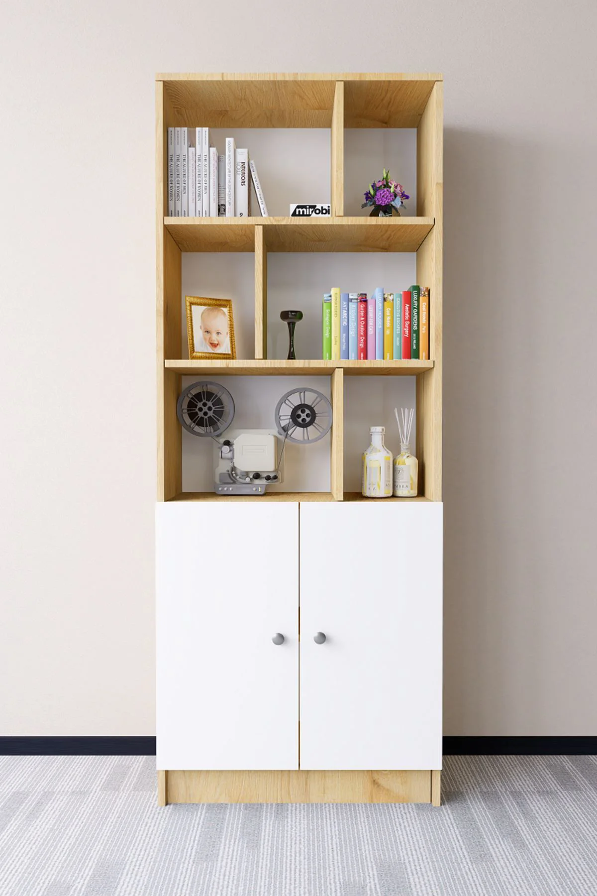 Torfa 2 Kapaklı 6 Bölmeli Dekoratif Kitaplık Çam-Beyaz