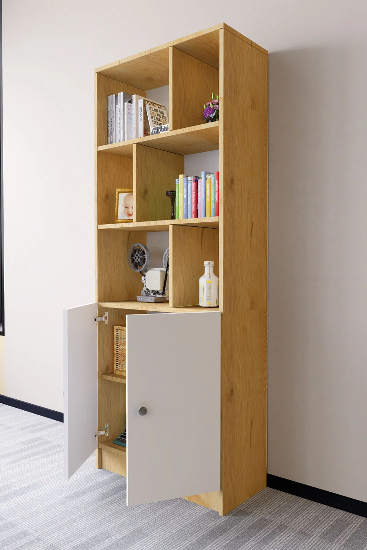 Torfa 2 Kapaklı 6 Bölmeli Dekoratif Kitaplık Çam-Beyaz