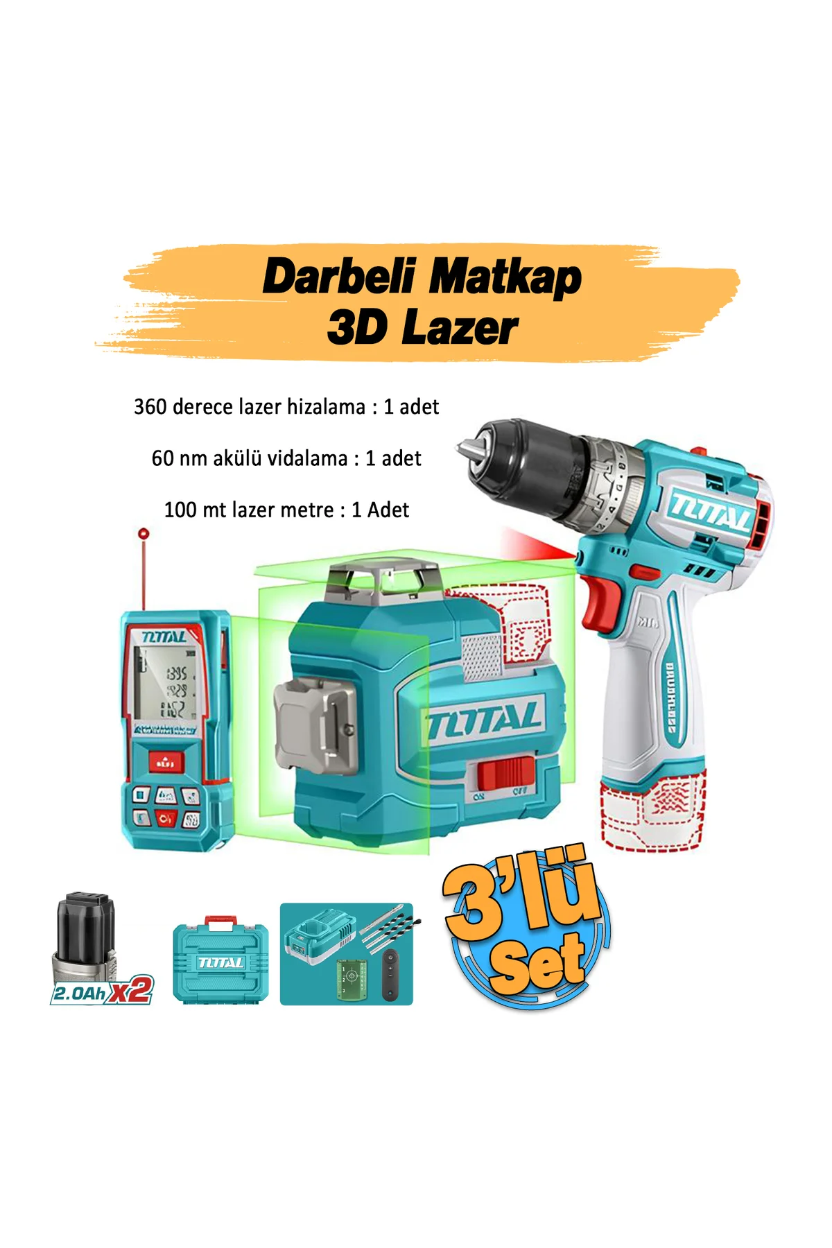 TOSLI250101E Avantaj 3'lü Set Darbeli Matkap 16V Kablosuz 3D Laze