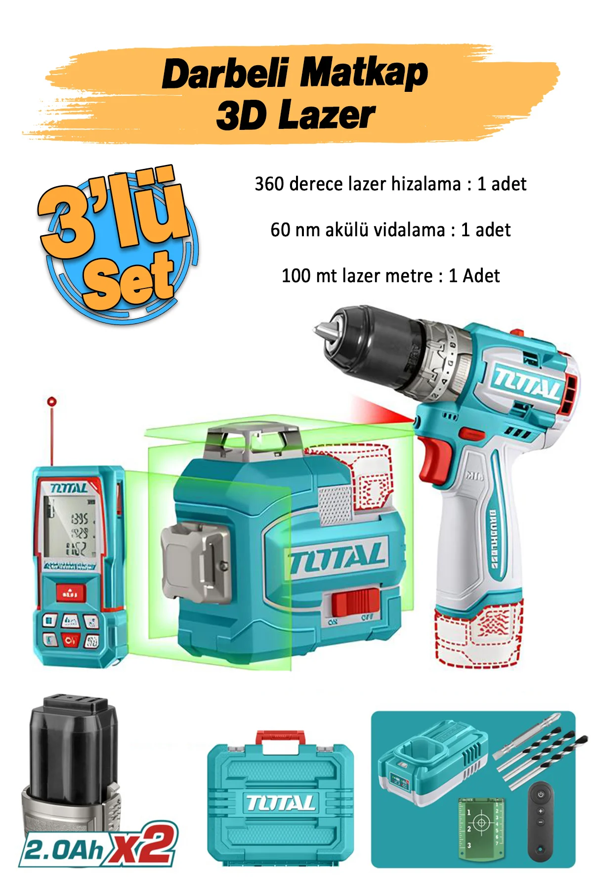 TOSLI250101E Avantaj 3'lü Set Darbeli Matkap 16V Kablosuz 3D Laze