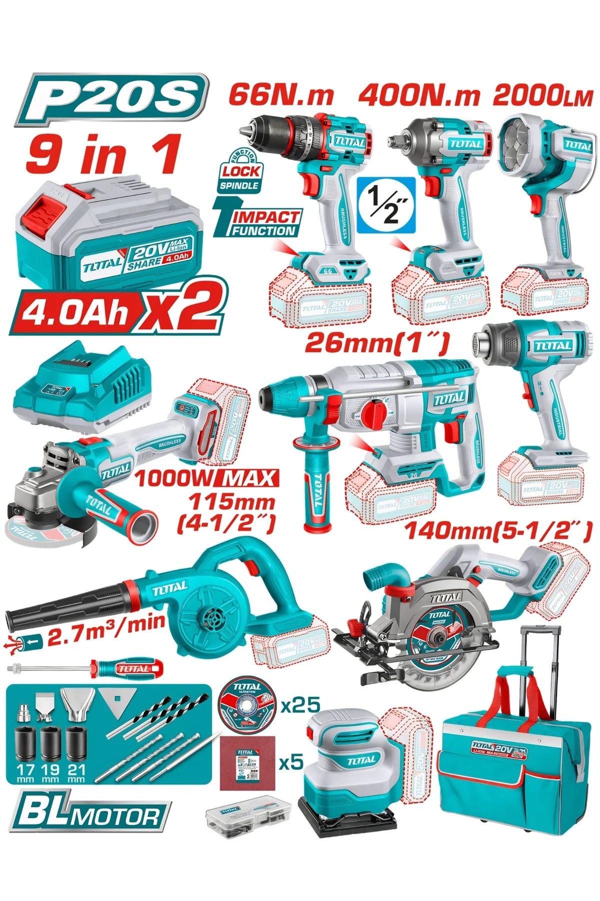 TOSLI250381E 9 Parça Akülü El Aleti Seti