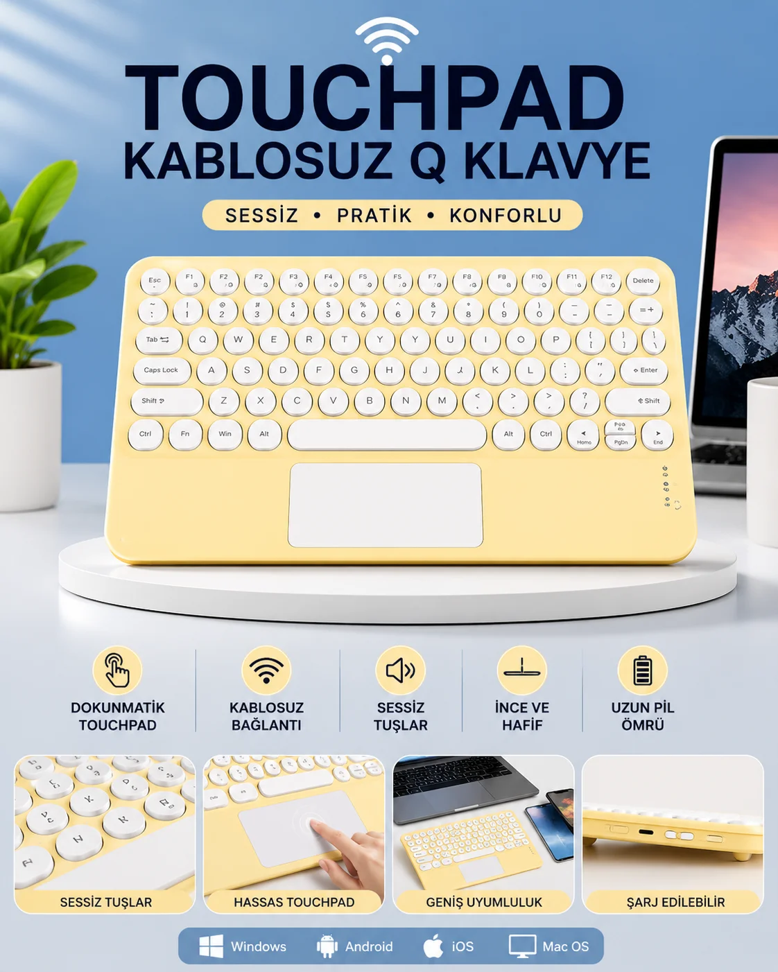 Touchpad Tüm Cihazlara Uyumlu Bluetooth Klavye Touchpad Slim Kablosuz Wifi Q Klavye Fiyatı, Yorumları ve Özellikleri