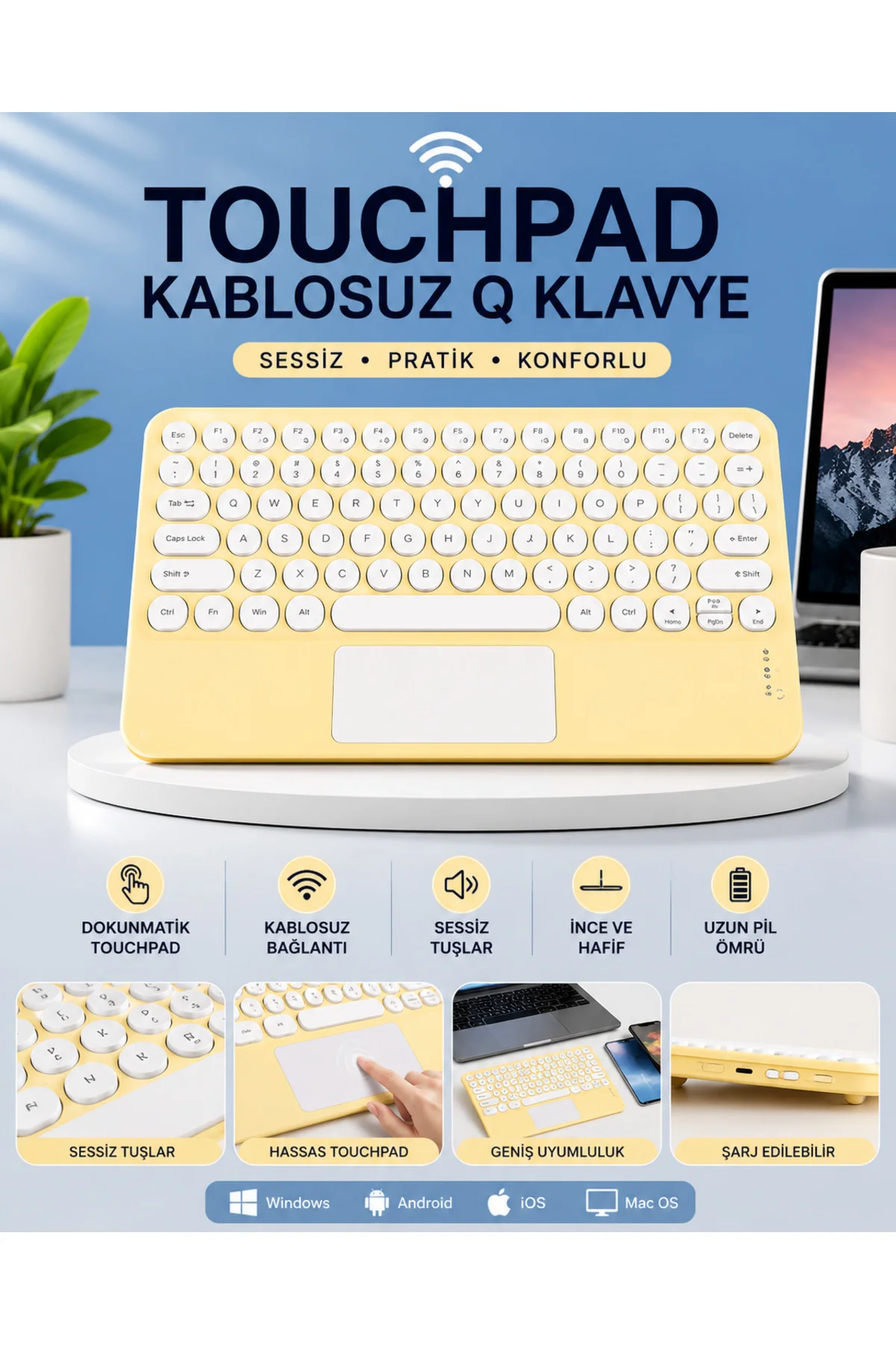Touchpad Tüm Cihazlara Uyumlu Bluetooth Klavye Touchpad Slim Kabl