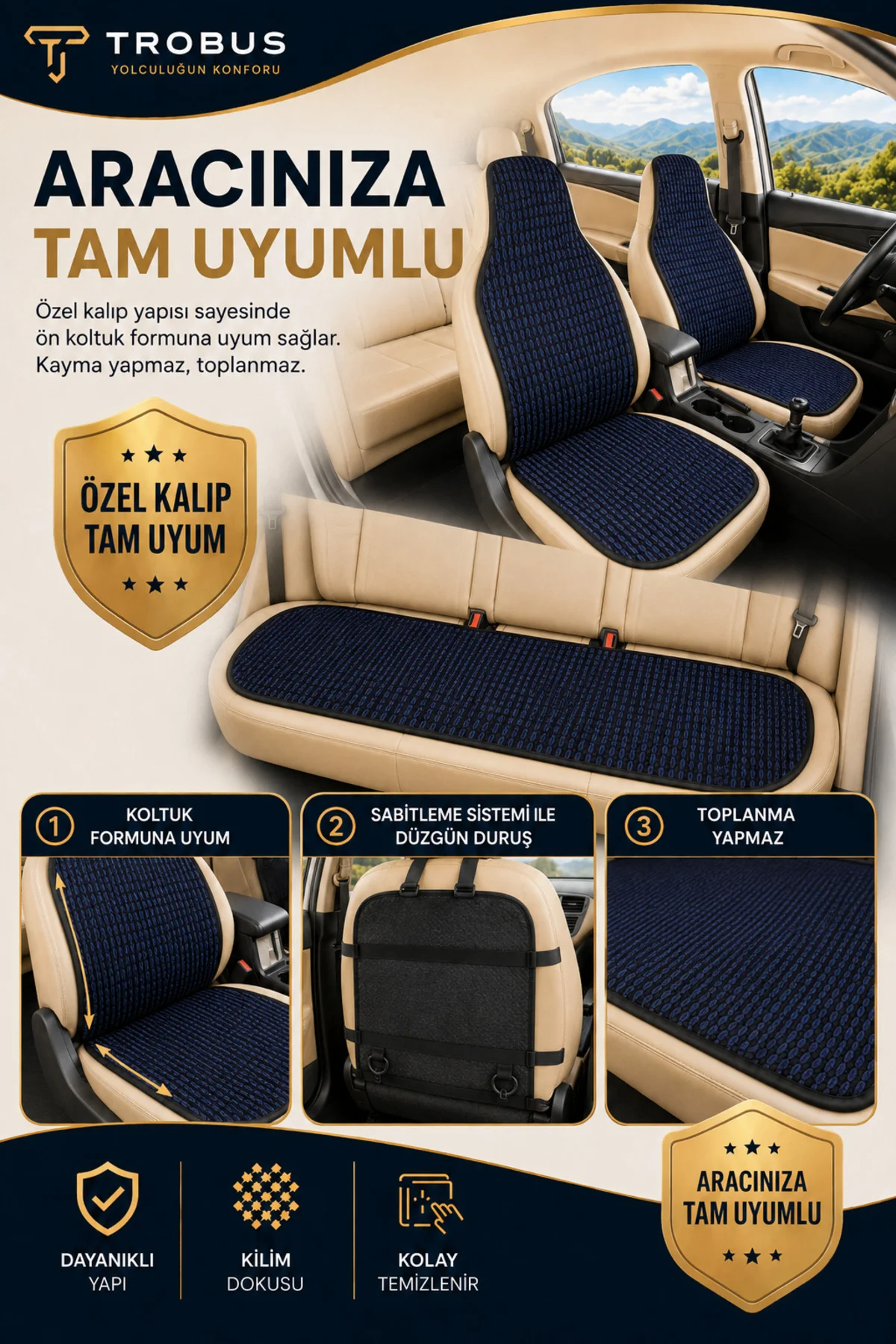 Toyota AURIS - 2 2013 Uyumlu Örme 3 Parça Oto Koltuk Minderi Terletmez Kaymaz Taban Lacivert - Siyah Fiyatı, Yorumları ve Özellikleri