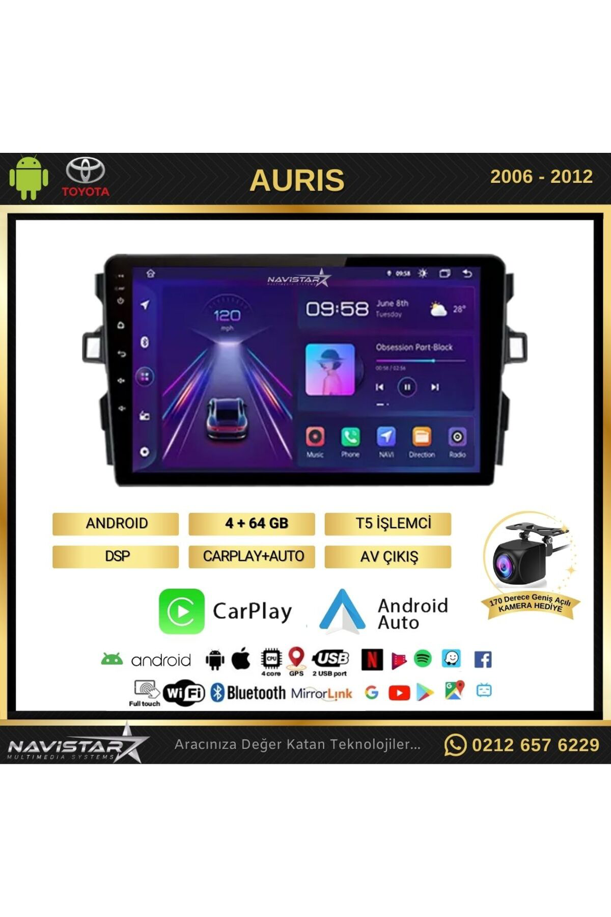Toyota Auris 2006-2012 Model 4gb 64gb Android 13 Kablosuz Carplay