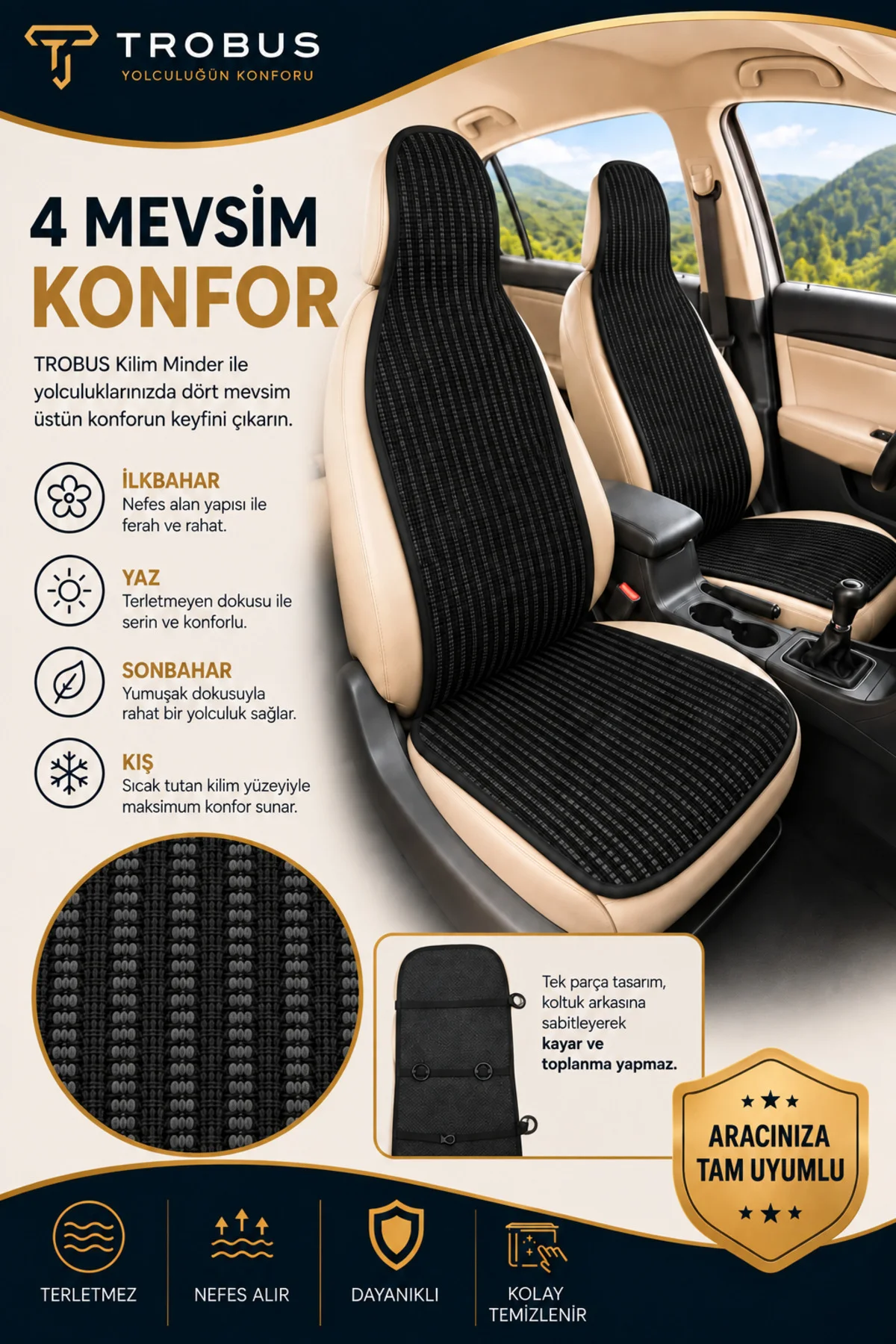 Toyota Avensis 2011-2014 Örme Ön 2 Parça Minder Terletmez Kaymaz Taban Siyah - Görsel 4