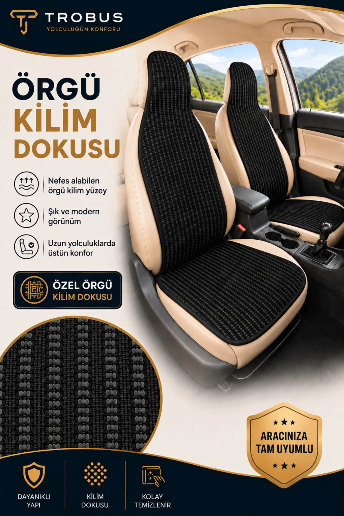 Toyota Avensis 2011-2014 Örme Ön 2 Parça Minder Terletmez Kaymaz Taban Siyah - Görsel 5