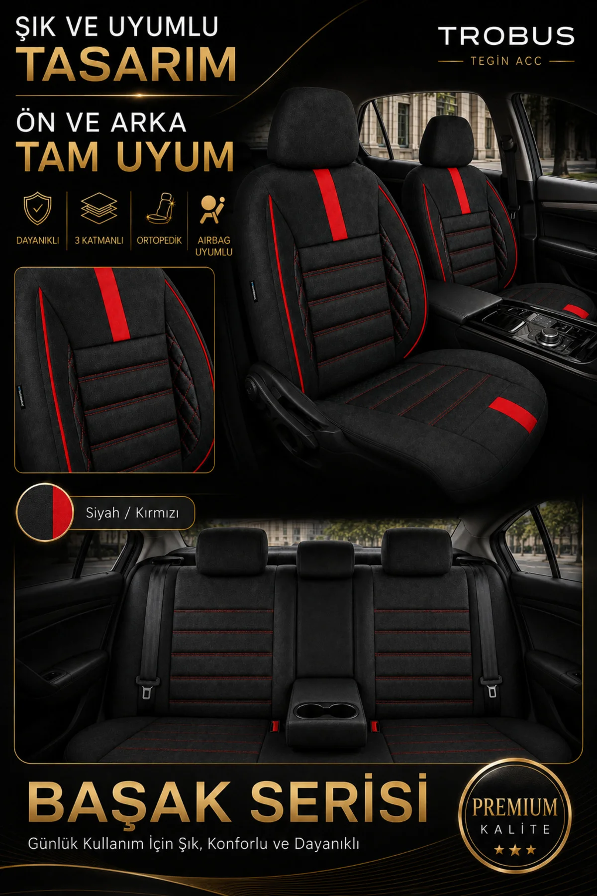Toyota Avensis Oto Koltuk Kılıfı 2015 ve Sonrası Kırmızı Başak Serisi Tay Tüyü Tam Set