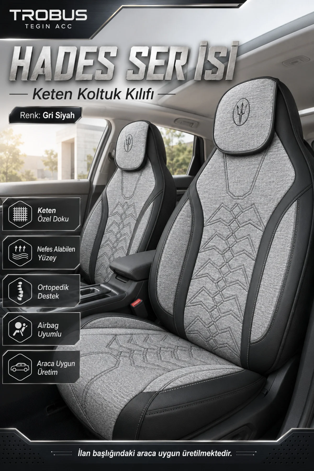Toyota Aygo 2005-2021 Uyumlu Hades Serisi Keten Koltuk Kılıfı Gri Siyah