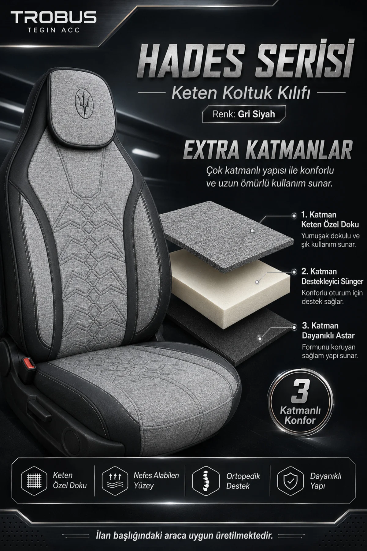 Toyota Aygo 2005-2021 Uyumlu Hades Serisi Keten Koltuk Kılıfı Gri Siyah
