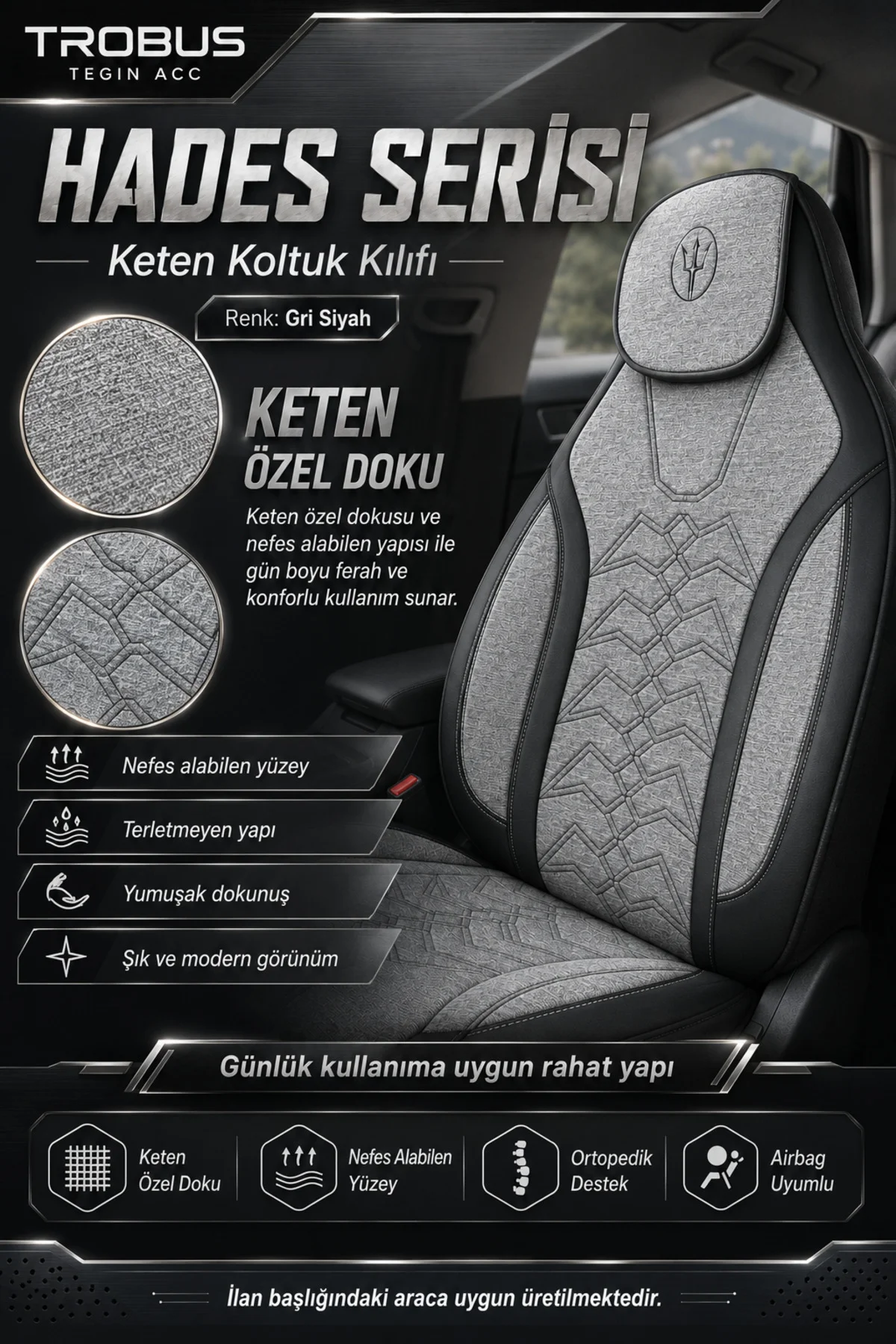 Toyota Aygo 2005-2021 Uyumlu Hades Serisi Keten Koltuk Kılıfı Gri Siyah