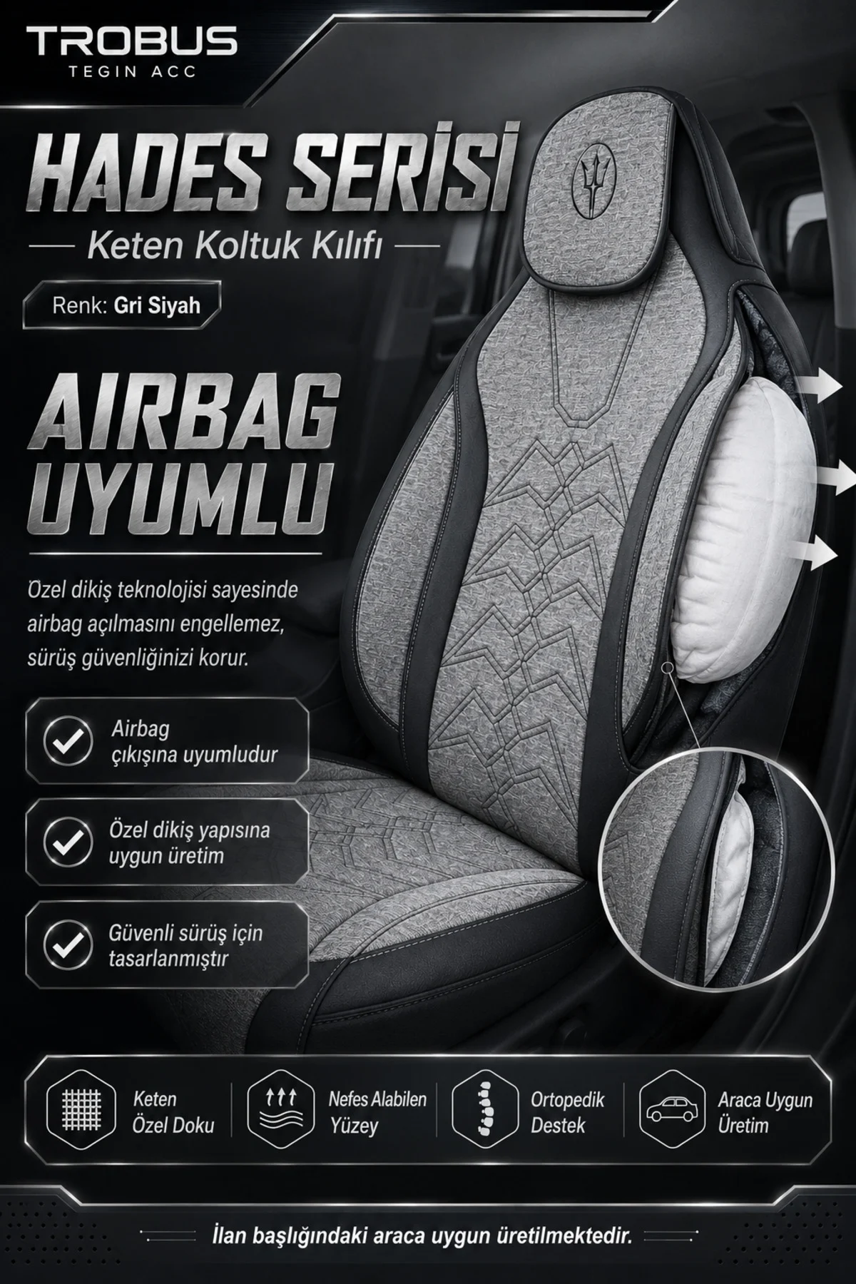 Toyota Aygo 2005-2021 Uyumlu Hades Serisi Keten Koltuk Kılıfı Gri Siyah