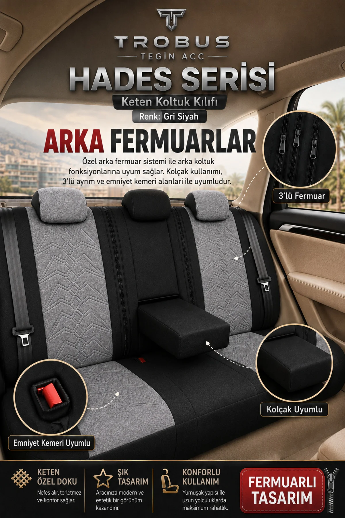 Toyota Aygo 2005-2021 Uyumlu Hades Serisi Keten Koltuk Kılıfı Gri Siyah