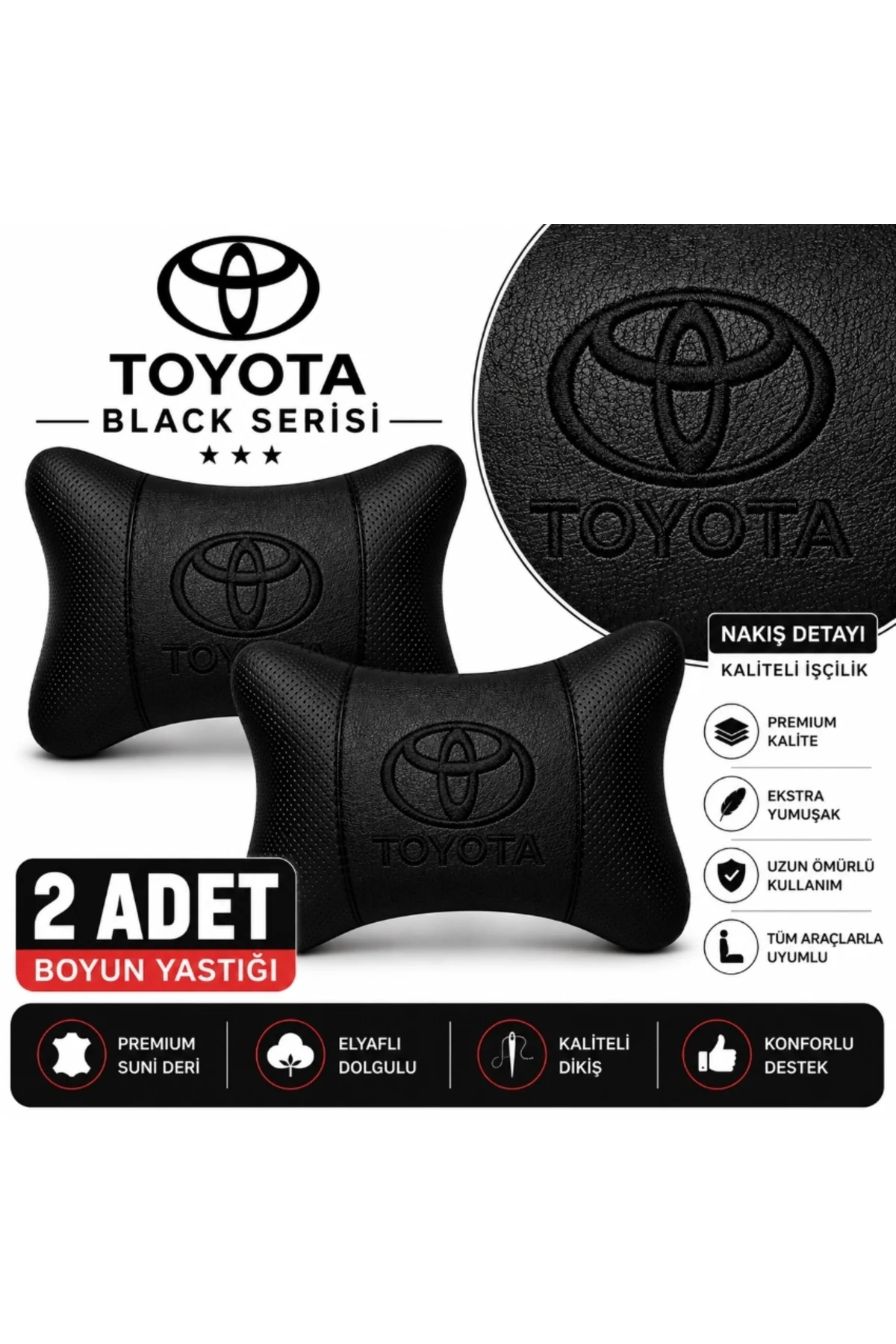 Toyota Black Serisi 2 Adet Araç Boyun Yastığı Siyah Premium Suni Deri Elyaf Dolgulu Oto Boyun Desteği Toyota Black Serisi 2 Adet Araç Boyun Yastığı Siyah Premium Suni Deri Elyaf Dolgulu Oto Boyun Desteği