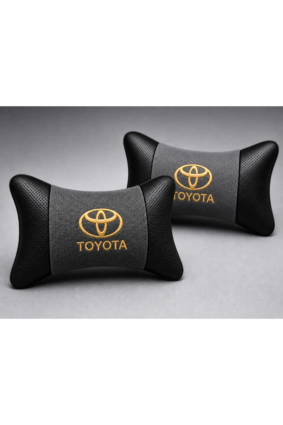 Toyota Boyun Yastığı Füme Siyah Deri Gold Nakış 2 Adet Konfor Seti - Görsel 3