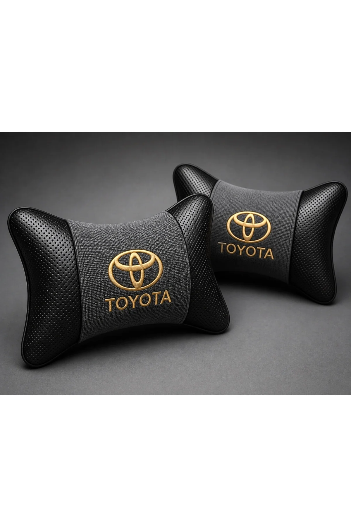 Toyota Boyun Yastığı Füme Siyah Deri Gold Nakış 2 Adet Konfor Seti - Görsel 2