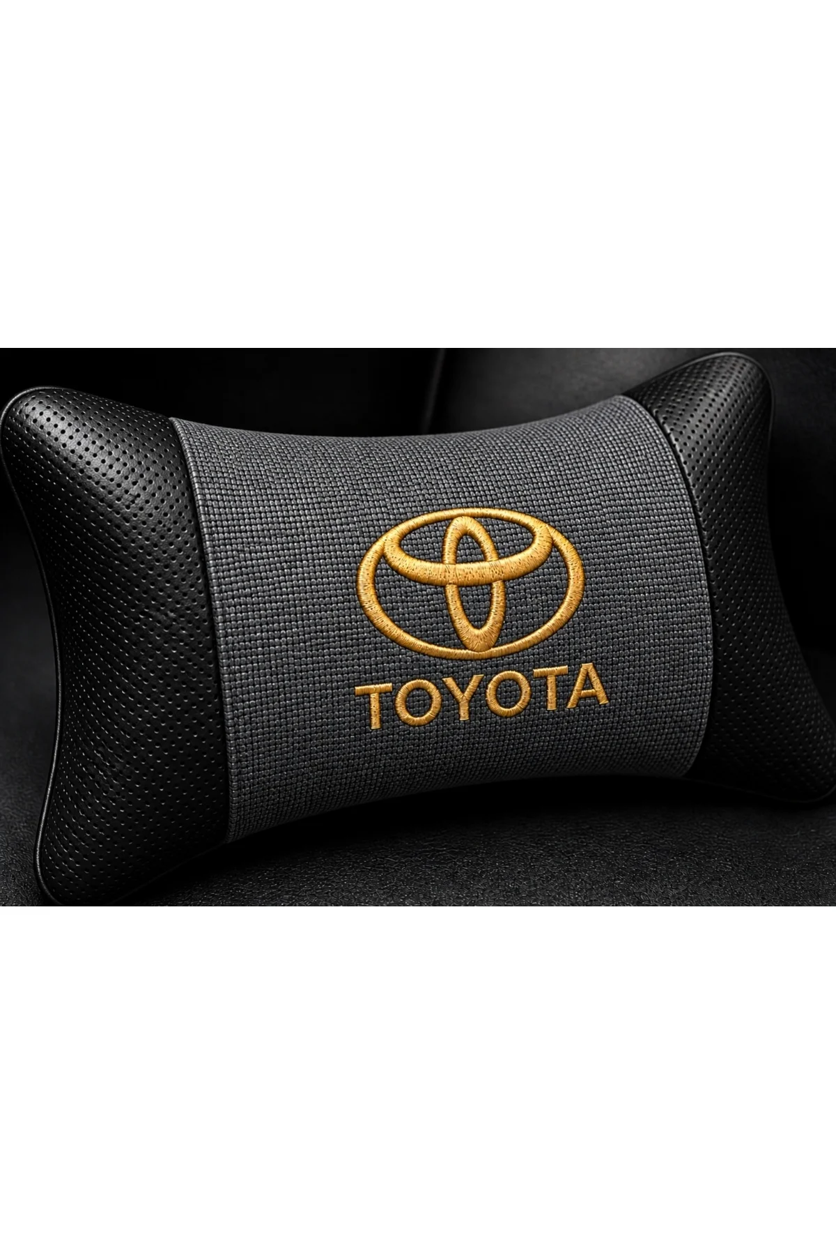 Toyota Boyun Yastığı Füme Siyah Deri Gold Nakış 2 Adet Konfor Seti - Görsel 4