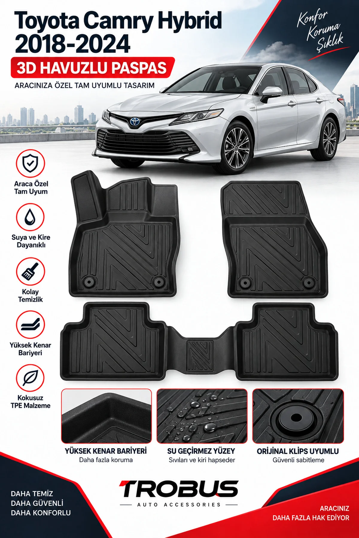 Toyota Camry Hybrid 2018-2024 Karbon Desenli Premium 3D Havuzlu Oto Paspas Toyota Camry Hybrid 2018-2024 Karbon Desenli Premium 3D Havuzlu Oto Paspas