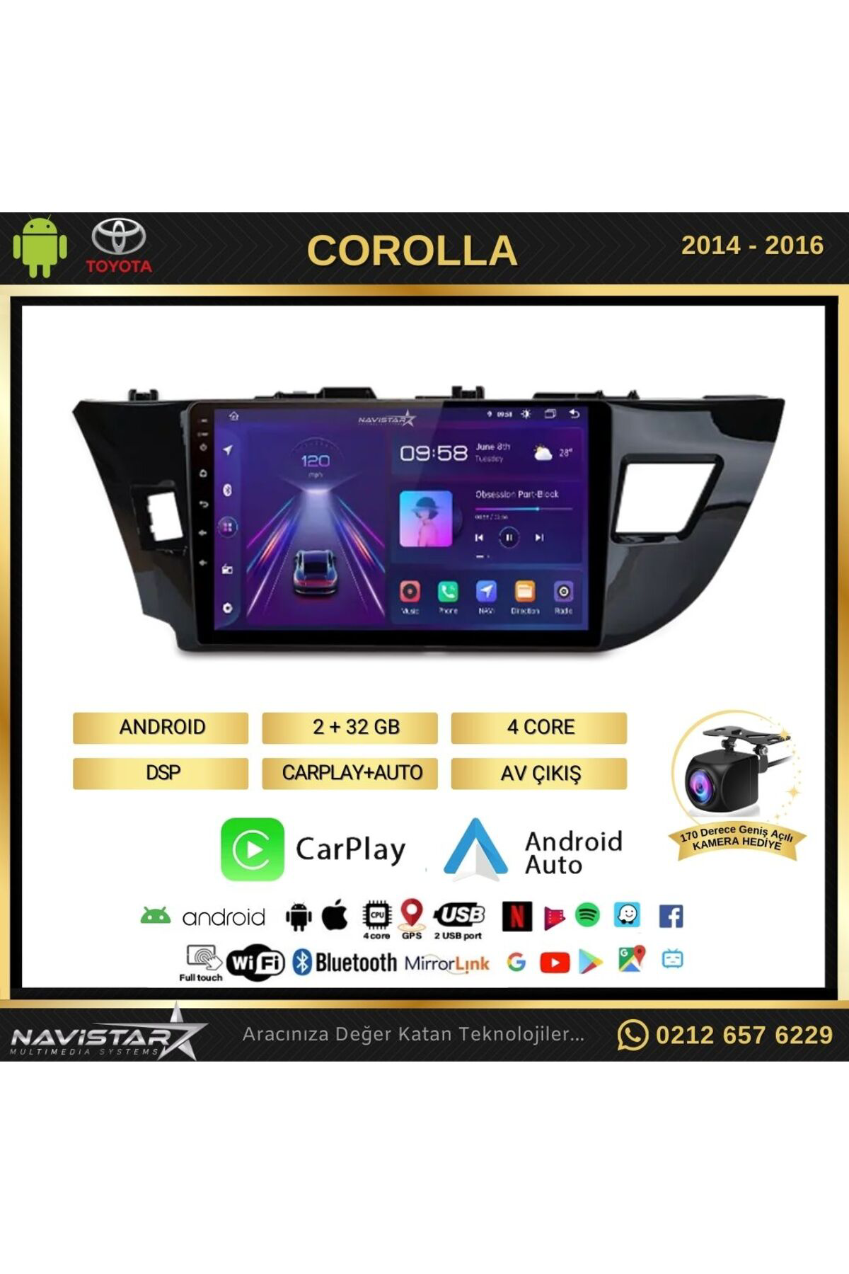 Toyota Corolla 2 64gb Kablosuz Carplay 2014-2016 Android 13 Navig