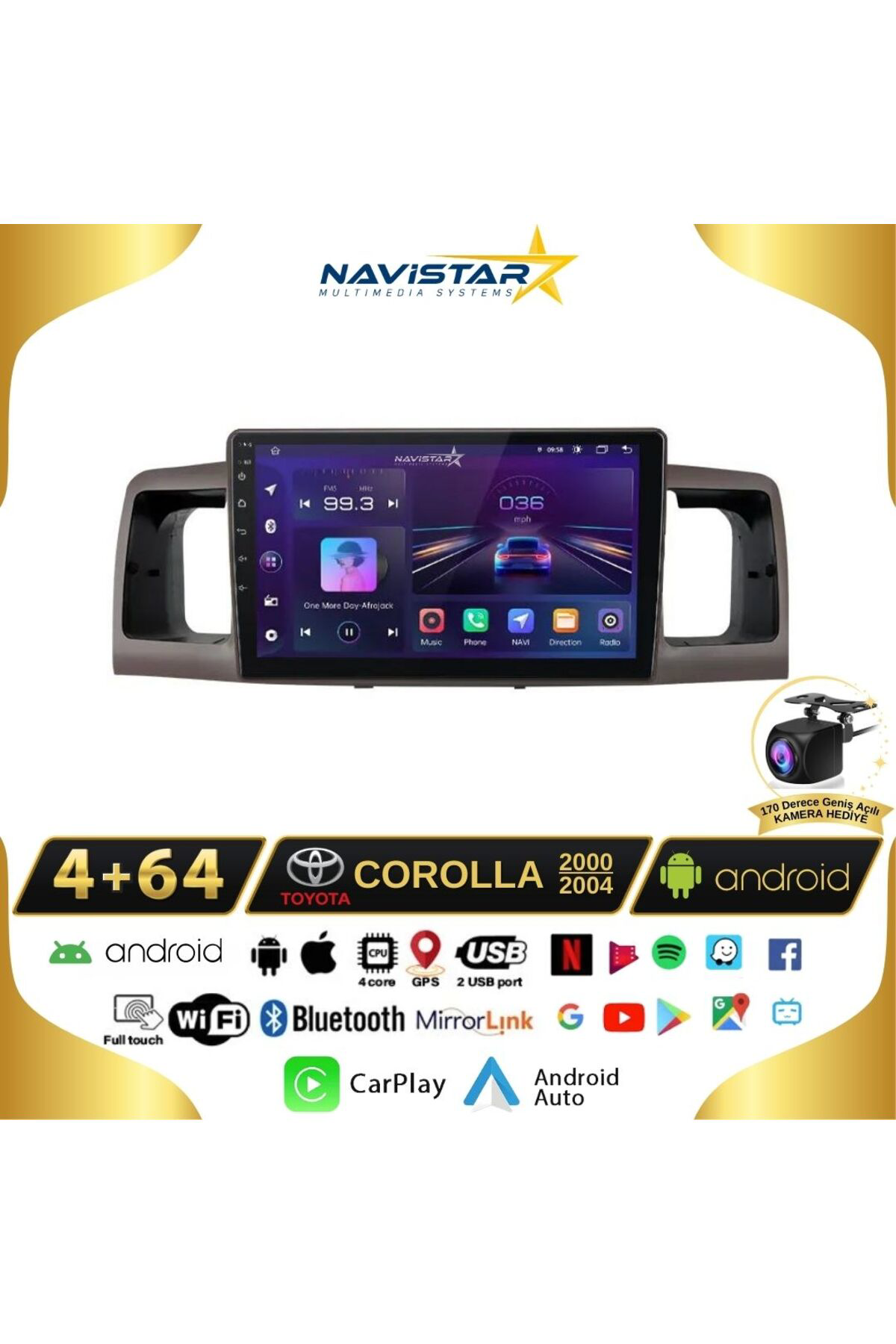 Toyota Corolla 2000-2004 Model 4gb 64gb Android 13 Kablosuz Carplay Navigasyon Multimedya Sistemi
