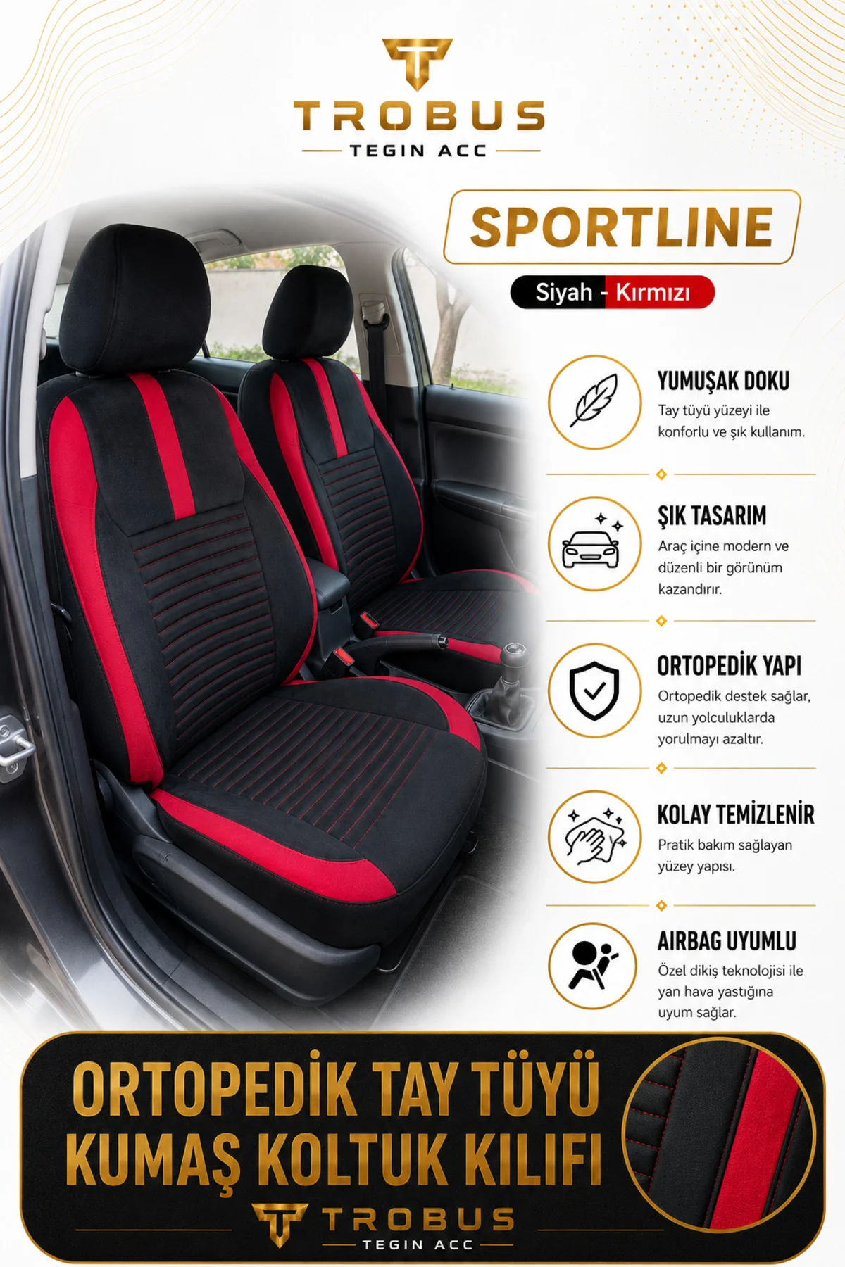 Toyota Corolla 2002 ve Sonrası Uyumlu Sportline Serisi Siyah Kırmızı Ortopedik Tay Tüyü Koltuk Kılıfı Fiyatı, Yorumları ve Özellikleri