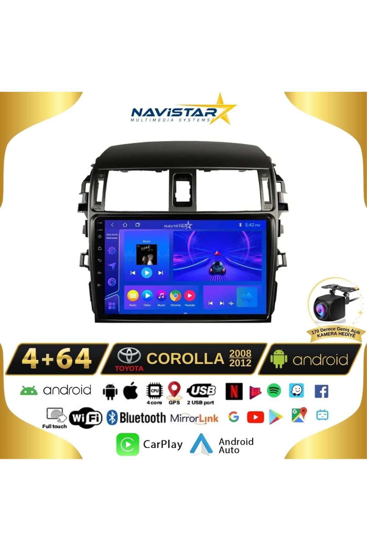 Toyota Corolla 2008-2012 Model 4gb 64gb Android 13 Kablosuz Carpl