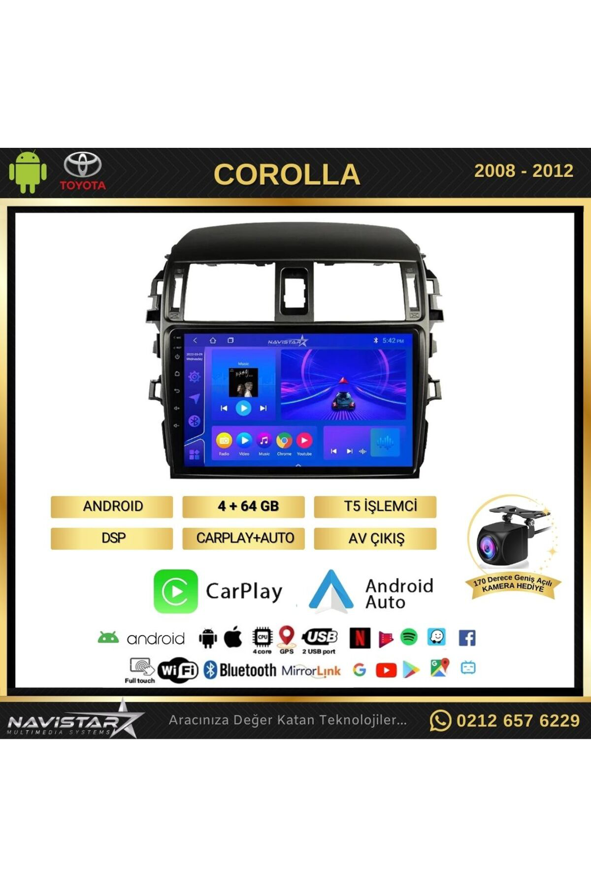 Toyota Corolla 2008-2012 Model 4gb 64gb Android 13 Kablosuz Carpl