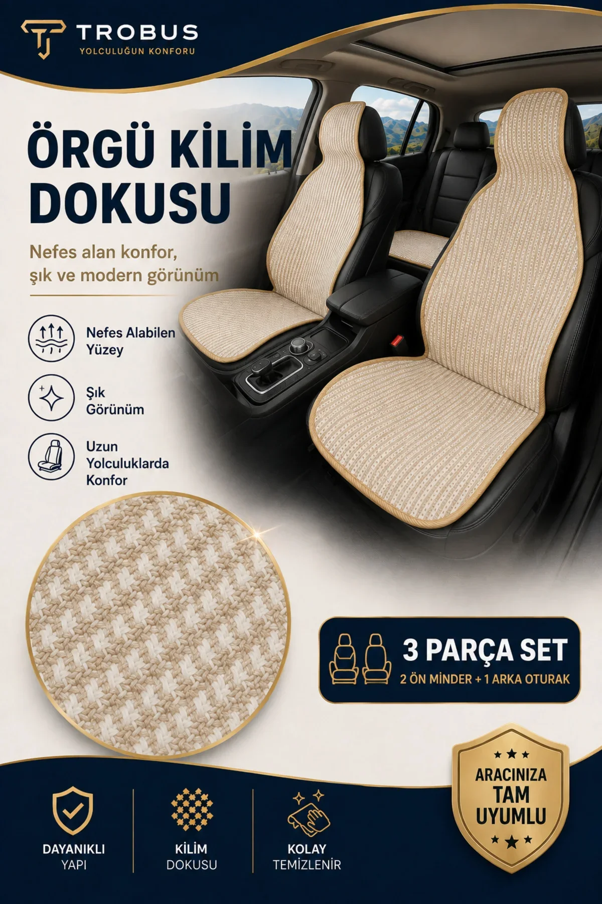Toyota Corolla 2013-2018 Örme 3 Parça Minder Terletmez Kaymaz Taban Bej - Görsel 4