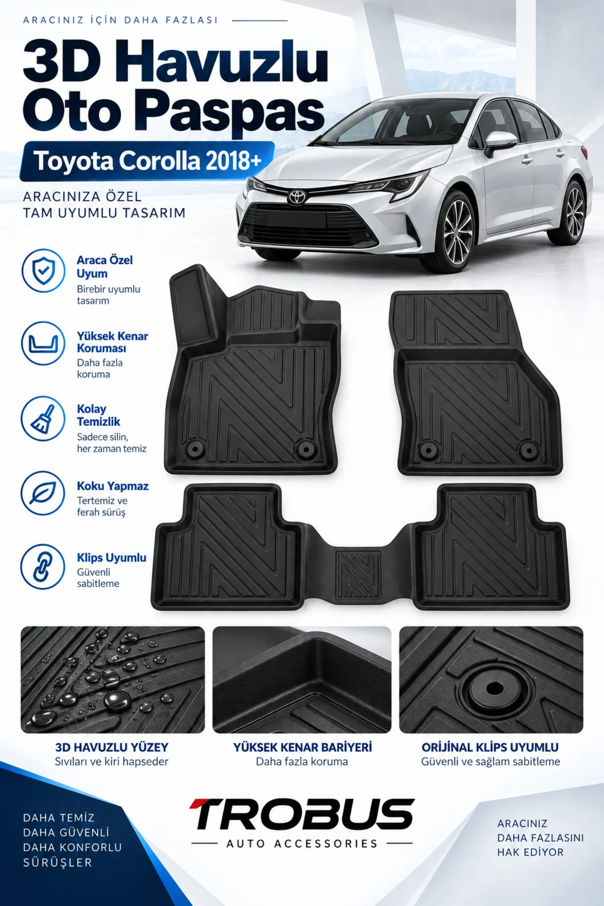 Toyota Corolla 2018 Sonrası Karbon Desenli Premium 3D Havuzlu Oto Paspas