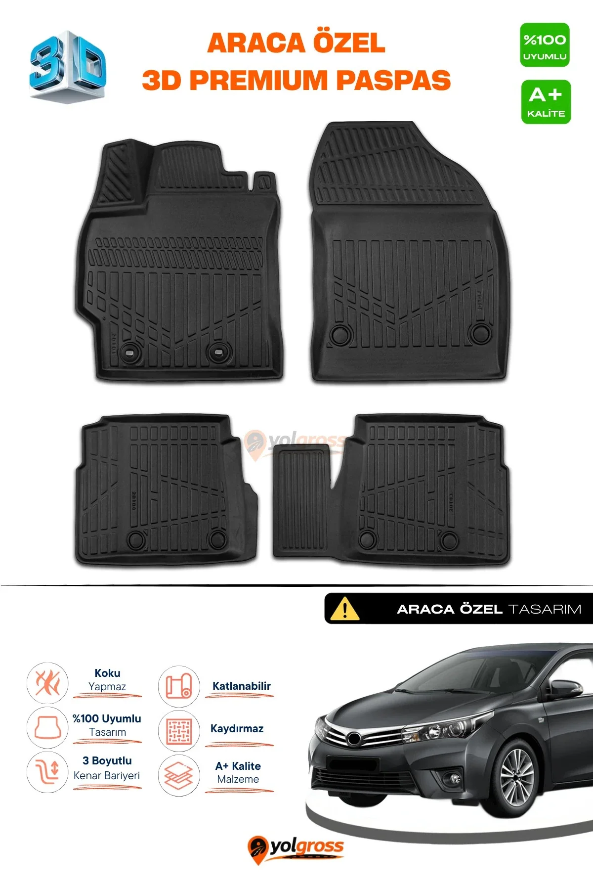 Toyota Corolla 3D Pro Havuzlu Paspas 2013-2018 A+ Kalite