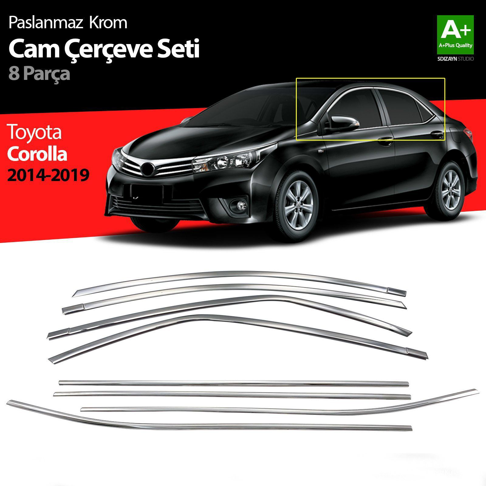 Toyota Corolla Uyumlu Krom Cam Çerçevesi 8 Parça. 2013-2018 Toyota Corolla Uyumlu Krom Cam Çerçevesi 8 Parça. 2013-2018