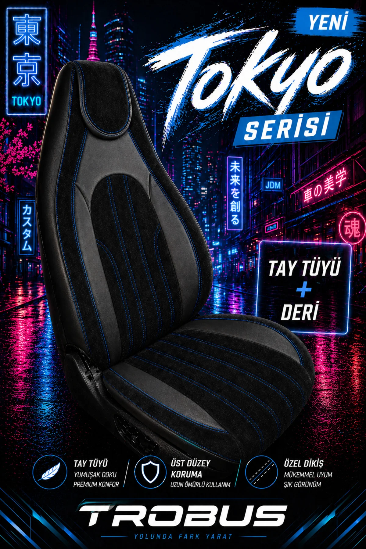 Toyota Corolla Cross 2022 ve Sonrası Bel Destekli Tay Tüyü Koltuk Kılıfı Tokyo Serisi Siyah Mavi Fiyatı, Yorumları ve Özellikleri