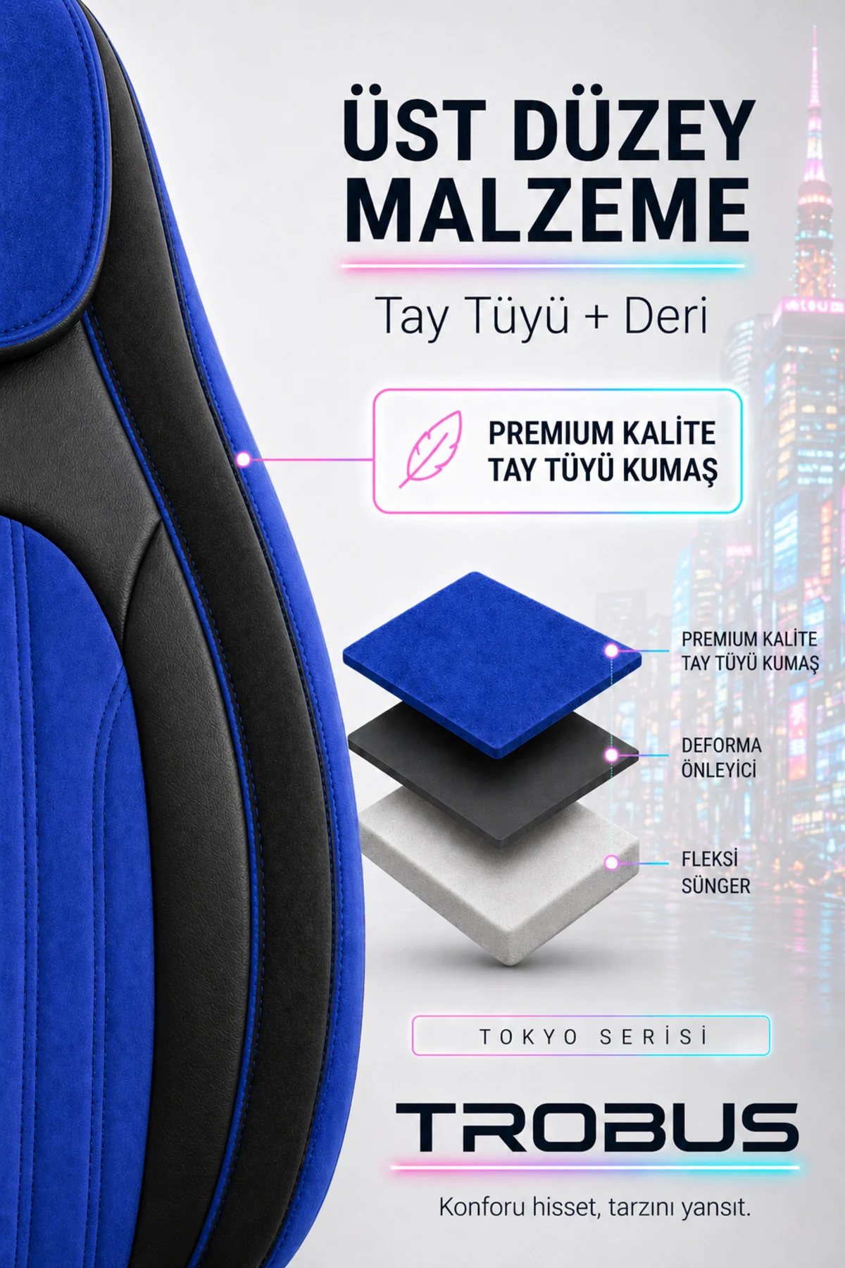 Toyota Corolla Cross 2022 ve Sonrası Bel Destekli Tay Tüyü Koltuk Kılıfı Tokyo Serisi Siyah Mavi Fiyatı, Yorumları ve Özellikleri
