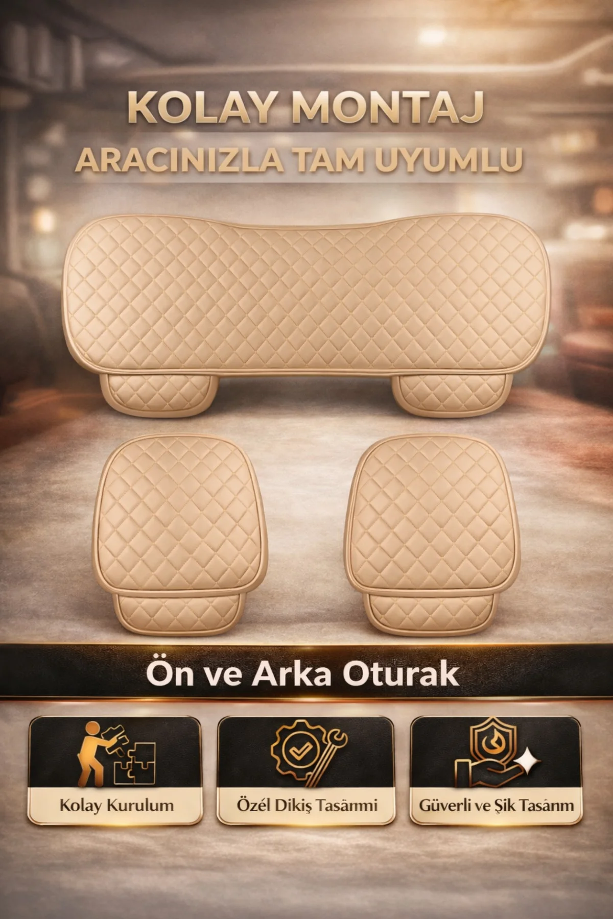 Toyota Corolla HB ve Auris 2007 ve Sonrası Uyumlu 3 Parça Deri Oturak Minder Bej
