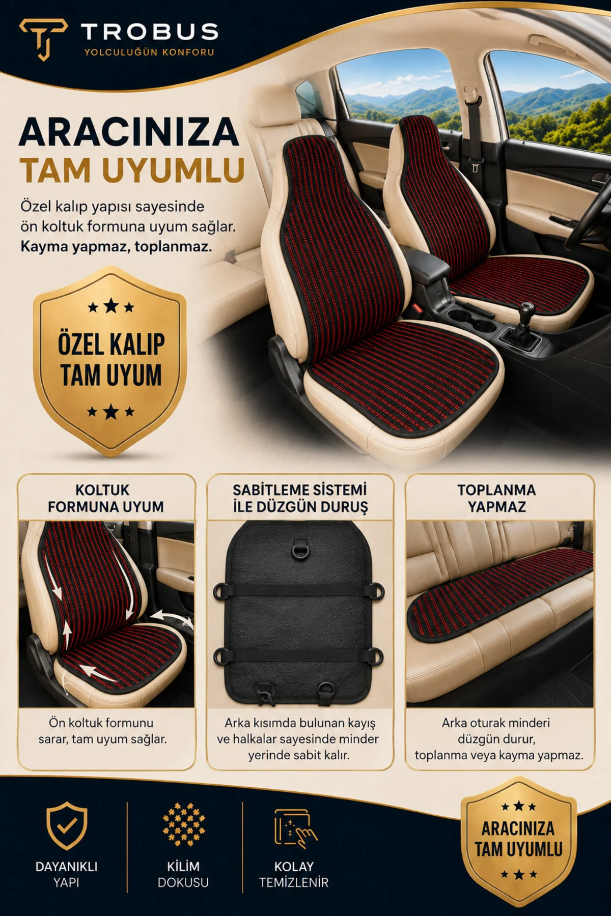 Toyota Corolla Sedan 2002 ve Sonrası Uyumlu Örme Kilim 3 Parça Minder Siyah Kırmızı