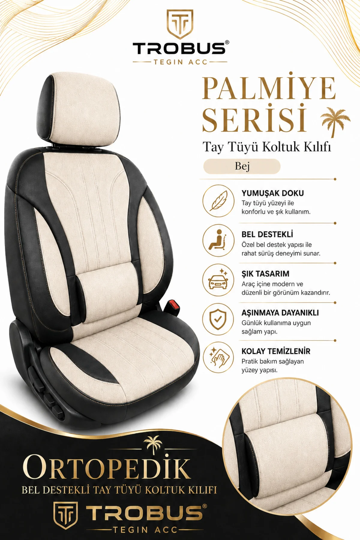 Toyota Corolla Sedan 2002 Sonrası Uyumlu Palmiye Serisi Bej Siyah Tay Tüyü Koltuk Kılıfı Fiyatı, Yorumları ve Özellikleri