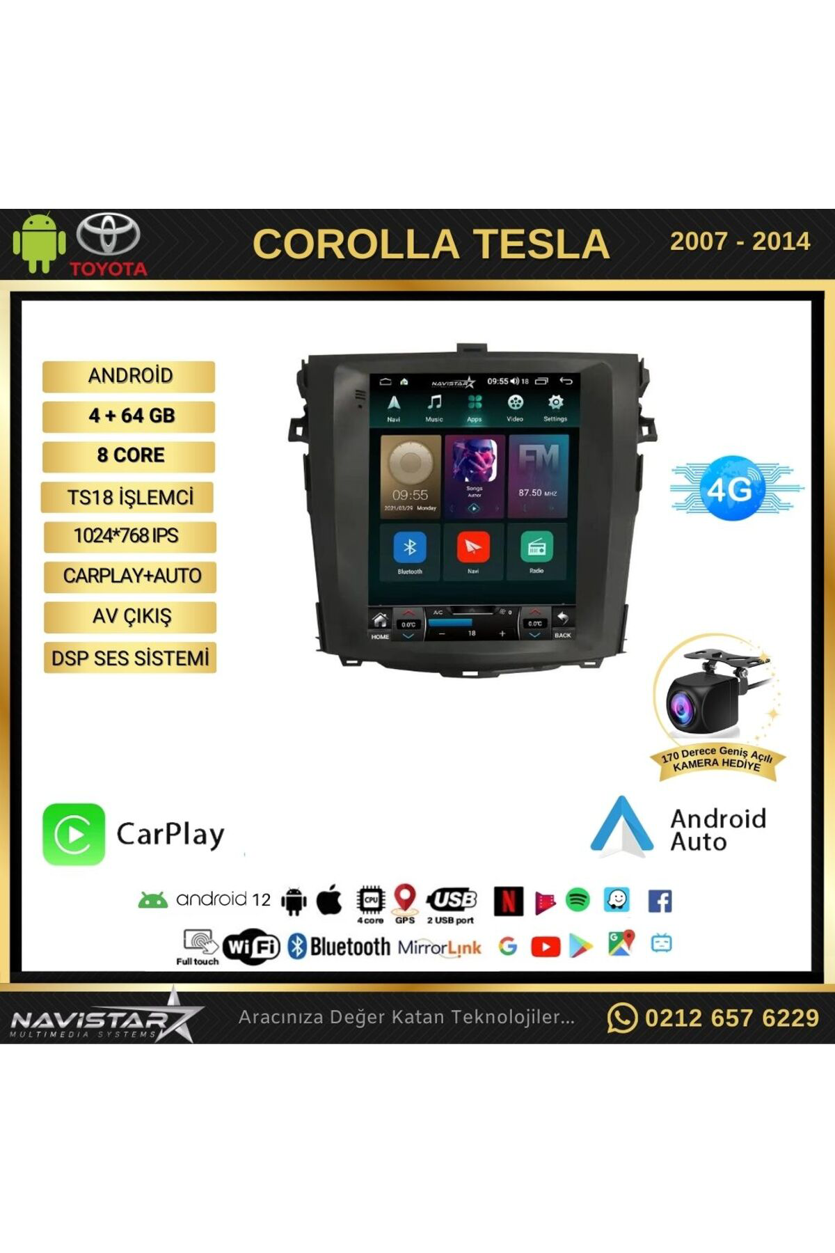 Toyota Corolla Tesla 4gb 64gb 2007-2014 Model Kablosuz Carplay Na Toyota Corolla Tesla 4gb 64gb 2007-2014 Model Kablosuz Carplay Na
