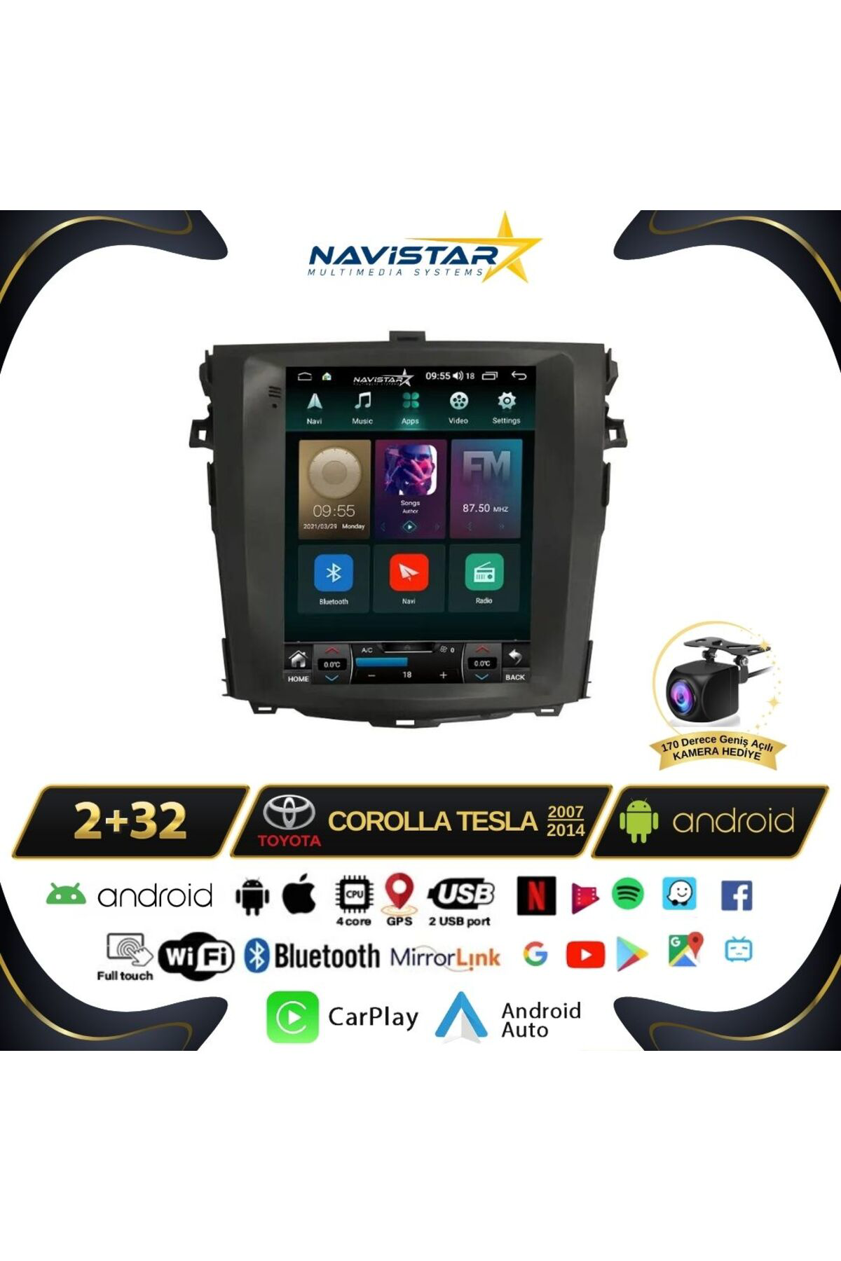 Toyota Corolla Tesla 2007-2014 Model 2gb 32gb Kablosuz Carplay Na